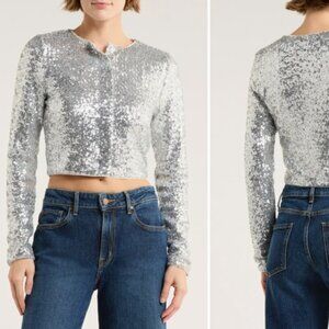 NWT Good American Silver Sequin Cardigan Holiday New Years Eve Party